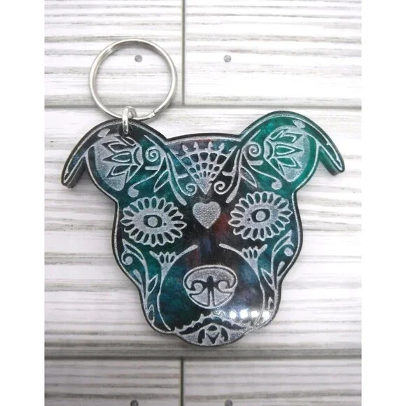 Keychain Pitbull Sugar Skull Tie-dye - Picture 1 of 1